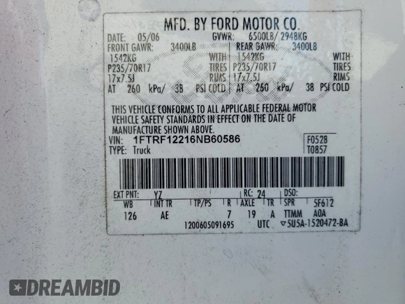 2006 Ford F-150 XL with VIN 1FTRF12216NB60586, listed as a Copart auction lot 62665865 with 93,812 mi miles and Clean title. Bid and sale history available at DreamBid. Image 12.