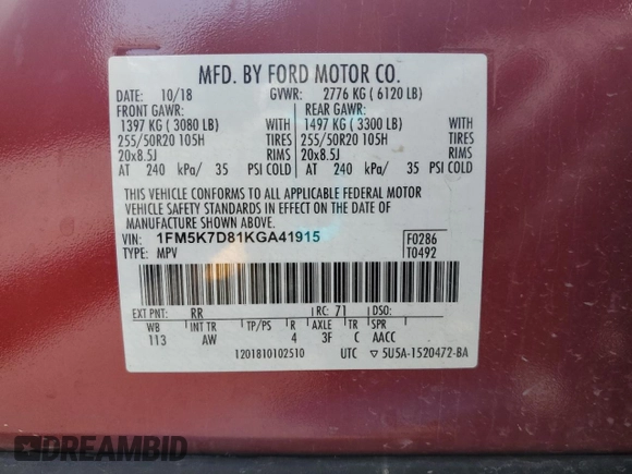 2019 Ford Explorer XLT z VIN 1FM5K7D81KGA41915, wystawiony jako Copart lot #63630995 z przebiegiem 59 801 mil mil oraz Szkoda całkowita • Salvage title. Historia ofert i sprzedaży dostępna na DreamBid. Obrazek 13.