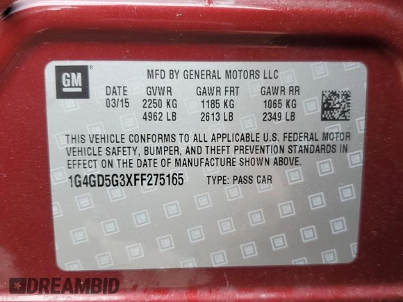 2015 Buick LaCrosse Premium I with VIN 1G4GD5G3XFF275165, listed as a Copart auction lot 59569825 with 85,032 mi miles and Salvage title. Bid and sale history available at DreamBid. Image 12.
