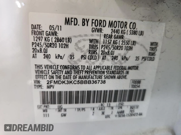2011 Ford Edge Limited with VIN 2FMDK3KC5BBB36738, listed as a Copart auction lot 63859325 with 190,502 mi miles and Salvage title. Bid and sale history available at DreamBid. Image 13.