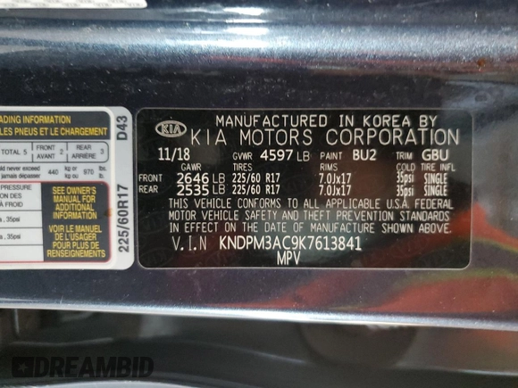 2019 Kia Sportage LX with VIN KNDPM3AC9K7613841, listed as a Copart auction lot 52531705 with 117,425 mi miles and Salvage Title. Bid and sale history available at carsss.com. Image 12.
