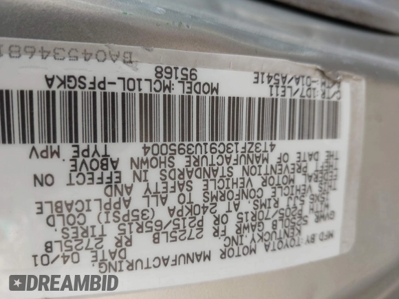 2001 Toyota Sienna LE with VIN 4T3ZF13C91U395004, listed as a IAAI auction lot 42314687 with Not provided miles and . Bid and sale history available at DreamBid. Image 9.