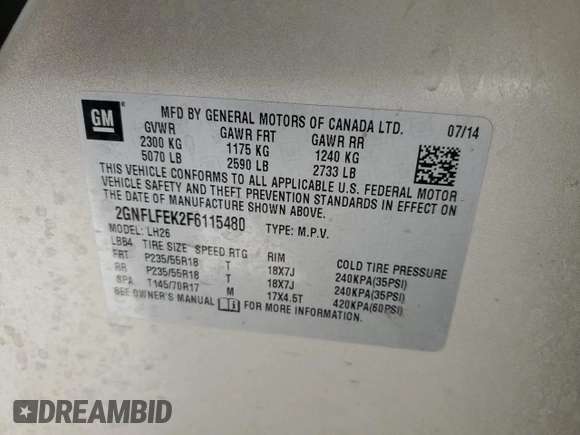 2015 Chevrolet Equinox LT with VIN 2GNFLFEK2F6115480, listed as a Copart auction lot 51282655 with 199,009 mi miles and Salvage Title. Bid and sale history available at carsss.com. Image 16.