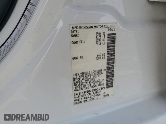 2021 Nissan Altima 2.5 S with VIN 1N4BL4BV1MN380769, listed as a Copart auction lot 49618395 with 115,921 mi miles and Salvage Title. Bid and sale history available at carsss.com. Image 13.