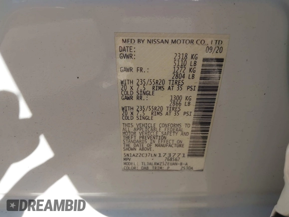 2020 Nissan Murano SL with VIN 5N1AZ2CJ7LN173771, listed as a IAAI auction lot 41829503 with 51,209 mi miles and . Bid and sale history available at DreamBid. Image 9.