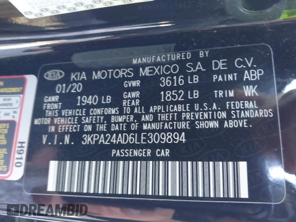 2020 Kia Rio LX with VIN 3KPA24AD6LE309894, listed as a IAAI auction lot 42019106 with 64,851 mi miles and . Bid and sale history available at DreamBid. Image 9.
