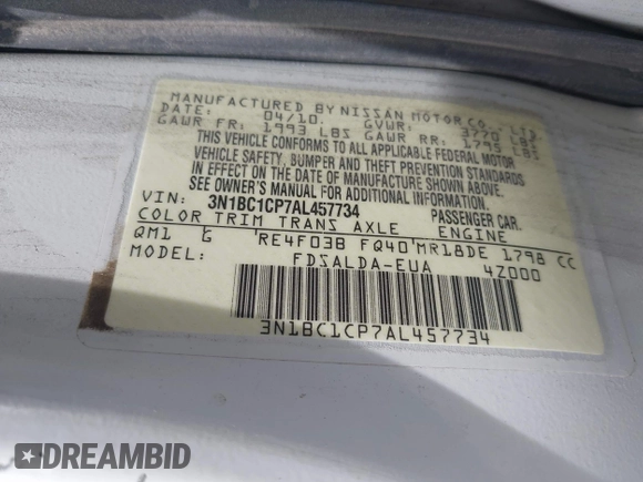 2010 Nissan Versa S z VIN 3N1BC1CP7AL457734, wystawiony jako IAAI lot #42418882 z przebiegiem 194 207 mil mil oraz . Historia ofert i sprzedaży dostępna na DreamBid. Obrazek 9.