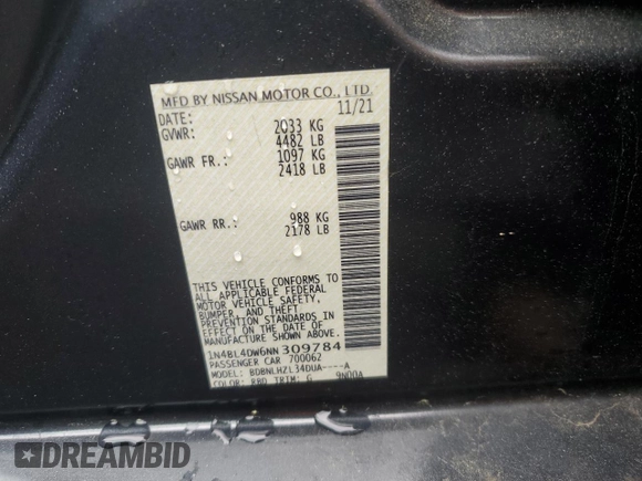 2022 Nissan Altima SV z VIN 1N4BL4DW6NN309784, wystawiony jako Copart lot #57659745 z przebiegiem 33 838 mil mil oraz Szkoda całkowita • Salvage title. Historia ofert i sprzedaży dostępna na DreamBid. Obrazek 12.