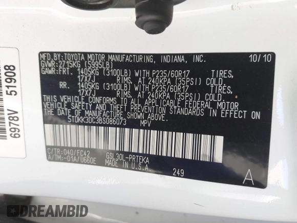 2011 Toyota Sienna LE AAS with VIN 5TDKK3DC3BS086073, listed as a IAAI auction lot 41637136 with 257,615 mi miles. Bid and sale history available at carsss.com. Image 9.