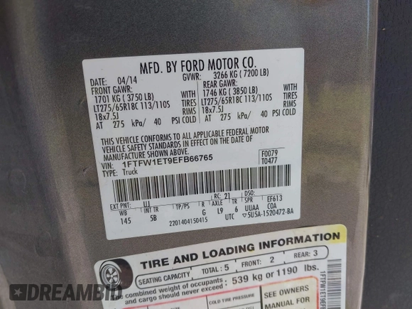 2014 Ford F-150 XL with VIN 1FTFW1ET9EFB66765, listed as a IAAI auction lot 41992543 with Not Provided miles and . Bid and sale history available at DreamBid. Image 9.