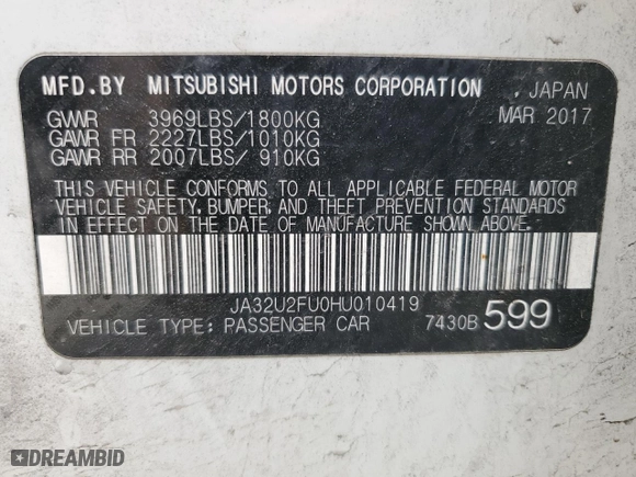 2017 Mitsubishi Lancer ES with VIN JA32U2FU0HU010419, listed as a Copart auction lot 49866385 with 116,864 mi miles and Salvage Title. Bid and sale history available at carsss.com. Image 12.