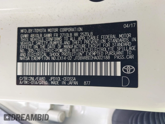 2017 Toyota Mirai с VIN JTDBVRBD2HA002188, выставлен на аукционе IAAI как лот 42346951 с пробегом 50 908 миль миль и . История ставок и продаж доступна на DreamBid. Изображение 9.