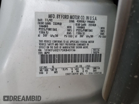 2003 Ford Escape XLS Popular with VIN 1FMYU02173KB43156, listed as a Copart auction lot 51534495 with 266,600 mi miles and Salvage title. Bid and sale history available at DreamBid. Image 13.