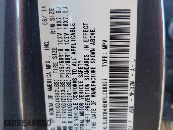 2015 Acura RDX Tech Pkg with VIN 5J8TB4H56FL006697, listed as a Copart auction lot 43624794 with 118,445 mi miles. Bid and sale history available at carsss.com. Image 13.