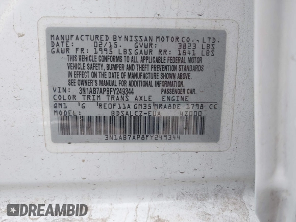 2015 Nissan Sentra S with VIN 3N1AB7AP8FY249344, listed as a IAAI auction lot 41891051 with 143,917 mi miles and . Bid and sale history available at DreamBid. Image 9.