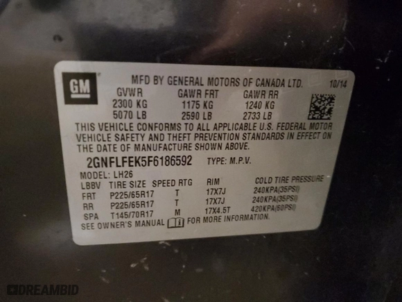 2015 Chevrolet Equinox LT with VIN 2GNFLFEK5F6186592, listed as a Copart auction lot 50006625 with 120,913 mi miles and Clean Title. Bid and sale history available at carsss.com. Image 12.