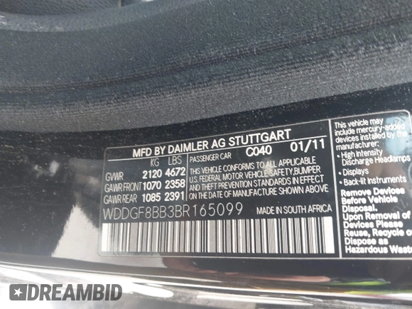 2011 Mercedes-Benz C 300 Sport with VIN WDDGF8BB3BR165099, listed as a IAAI auction lot 42019825 with 150,980 mi miles and . Bid and sale history available at DreamBid. Image 9.