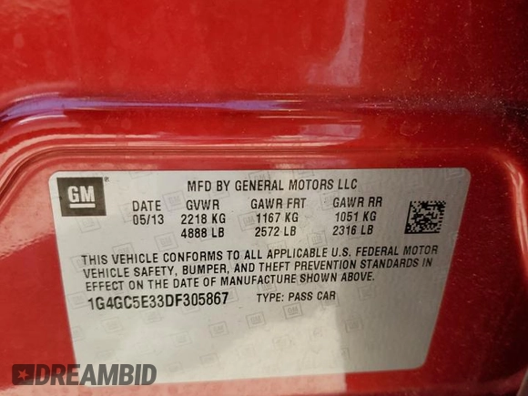 2013 Buick LaCrosse Leather with VIN 1G4GC5E33DF305867, listed as a Copart auction lot 51535185 with 67,810 mi miles and Clean title. Bid and sale history available at DreamBid. Image 12.