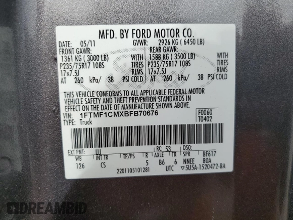 2011 Ford F-150 XL with VIN 1FTMF1CMXBFB70676, listed as a Copart auction lot 46237015 with 134,717 mi miles and Salvage Title. Bid and sale history available at DreamBid. Image 14.
