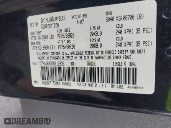2007 Dodge 1500 Laramie с VIN 1D7HU18237S212835, выставлен на аукционе IAAI как лот 42559685 с пробегом 166 706 миль миль и . История ставок и продаж доступна на DreamBid. Изображение 9.