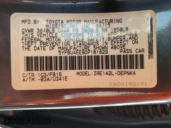 2013 Toyota Corolla L with VIN 5YFBU4EE9DP181829, listed as a Copart auction lot 54594115 with 185,546 mi miles and Salvage Title. Bid and sale history available at DreamBid. Image 12.