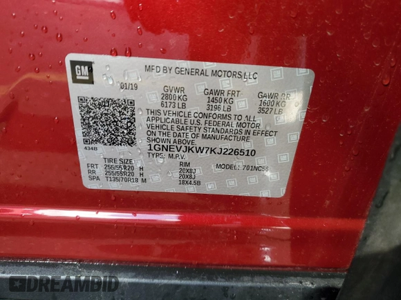 2019 Chevrolet Traverse RS with VIN 1GNEVJKW7KJ226510, listed as a Copart auction lot 80534373 with 108,421 mi miles and Salvage Title. Bid and sale history available at carsss.com. Image 14.