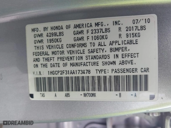 2010 Honda Accord Sdn LX with VIN 1HGCP2F31AA173478, listed as a IAAI auction lot 41104845 with 144,895 mi miles. Bid and sale history available at carsss.com. Image 9.