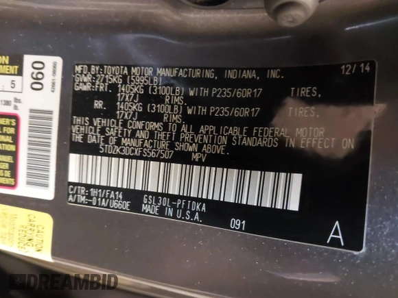 2015 Toyota Sienna L with VIN 5TDZK3DCXFS567507, listed as a IAAI auction lot 41205670 with 104,443 mi miles and . Bid and sale history available at DreamBid. Image 9.