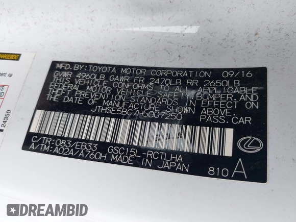 2017 Lexus RC 350 with VIN JTHSE5BC7H5007250, listed as a IAAI auction lot 42525164 with 65,810 mi miles and . Bid and sale history available at DreamBid. Image 9.