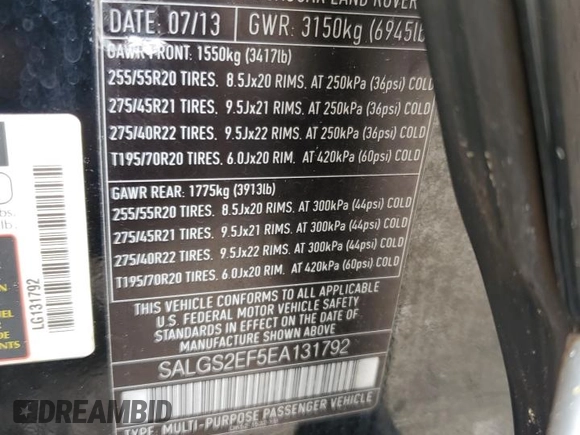 2014 Land Rover Range Rover Supercharged с VIN SALGS2EF5EA131792, выставлен на аукционе Copart как лот 55759625 с пробегом 150 132 миль миль и Чистый • Clean title. История ставок и продаж доступна на DreamBid. Изображение 13.