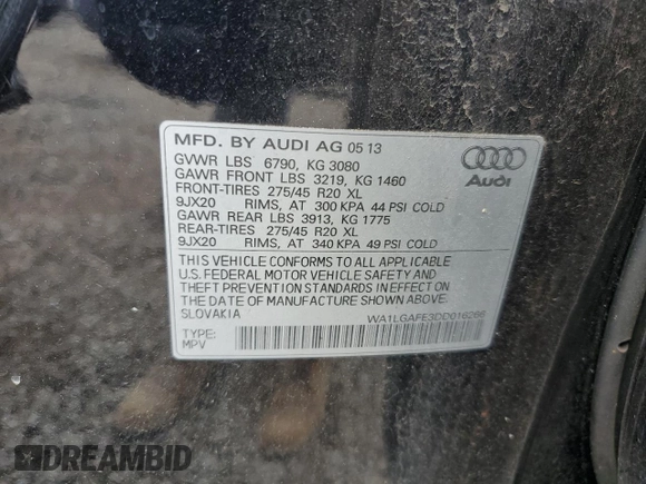 2013 Audi Q7 Premium Plus with VIN WA1LGAFE3DD016266, listed as a Copart auction lot 62180935 with 180,937 mi miles and Clean title. Bid and sale history available at DreamBid. Image 13.