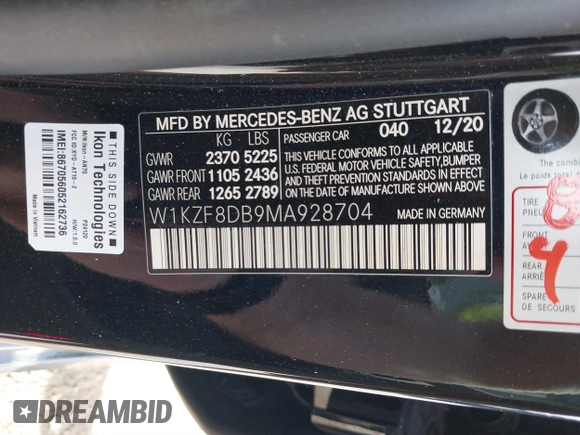 2021 Mercedes-Benz E 350 with VIN W1KZF8DB9MA928704, listed as a IAAI auction lot 41868764 with 44,068 mi miles and . Bid and sale history available at DreamBid. Image 9.