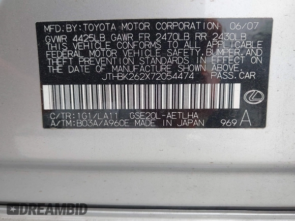 2007 Lexus IS with VIN JTHBK262X72054474, listed as a IAAI auction lot 42172869 with 106,364 mi miles. Bid and sale history available at carsss.com. Image 9.