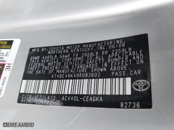2009 Toyota Camry with VIN 4T4BE46KX9R083602, listed as a IAAI auction lot 41470366 with NaN miles. Bid and sale history available at carsss.com. Image 9.