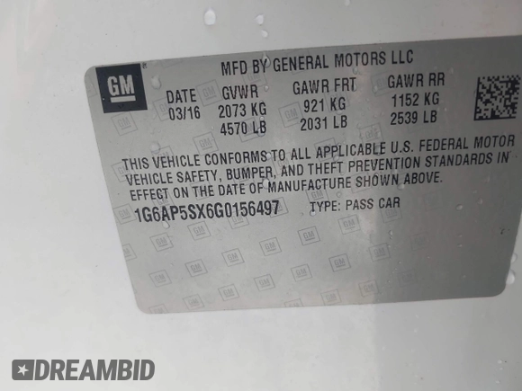 2016 Cadillac CTS RWD with VIN 1G6AP5SX6G0156497, listed as a IAAI auction lot 42307346 with 85,167 mi miles and . Bid and sale history available at DreamBid. Image 9.
