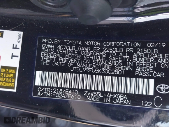 2019 Toyota Prius LE with VIN JTDL9RFU5K3002801, listed as a IAAI auction lot 41339356 with 68,628 mi miles and . Bid and sale history available at DreamBid. Image 9.