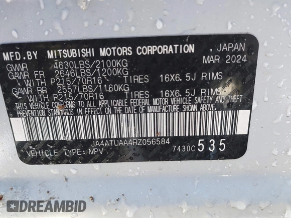 2024 Mitsubishi Eclipse Cross ES with VIN JA4ATUAA4RZ056584, listed as a IAAI auction lot 41366123 with 65,970 mi miles and . Bid and sale history available at DreamBid. Image 9.