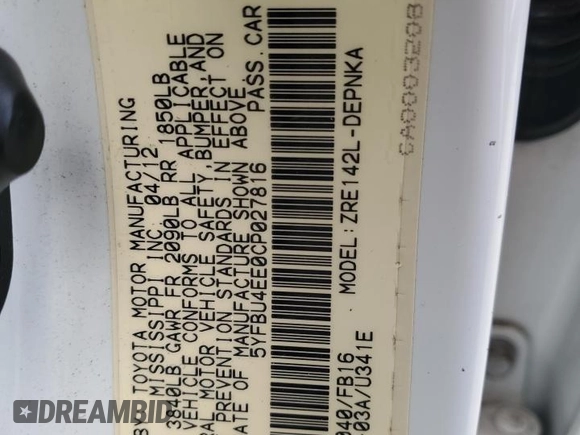 2012 Toyota Corolla L with VIN 5YFBU4EE0CP027816, listed as a Copart auction lot 51154085 with 157,357 mi miles and Salvage Title. Bid and sale history available at carsss.com. Image 12.