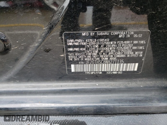2022 Subaru Crosstrek Special Sports with VIN JF2GTHSC8NH271135, listed as a Copart auction lot 60690935 with 37,998 mi miles and Salvage title. Bid and sale history available at DreamBid. Image 14.
