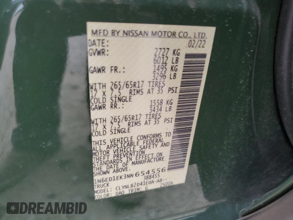 2022 Nissan Frontier SV with VIN 1N6ED1EK3NN654556, listed as a Copart auction lot 56589825 with 42,615 mi miles and Salvage title. Bid and sale history available at DreamBid. Image 12.
