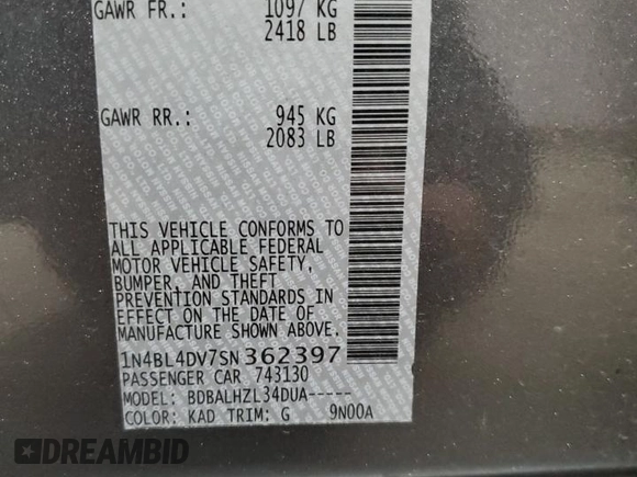 2025 Nissan Altima SV with VIN 1N4BL4DV7SN362397, listed as a Copart auction lot 53631075 with 3,476 mi miles and Salvage Title. Bid and sale history available at DreamBid. Image 13.