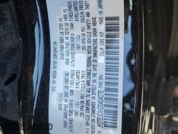 2013 Mazda CX-9 Touring with VIN JM3TB3CAXD0404076, listed as a Copart auction lot 50290575 with 228,140 mi miles and Salvage Title. Bid and sale history available at carsss.com. Image 14.
