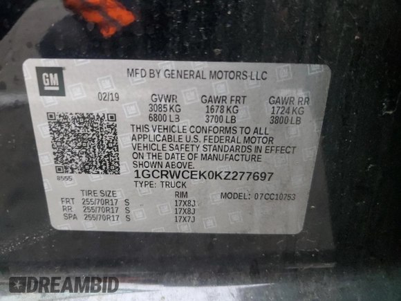 2019 Chevrolet Silverado 1500 LT with VIN 1GCRWCEK0KZ277697, listed as a Copart auction lot 83312184 with 86,409 mi miles and Clean Title. Bid and sale history available at DreamBid. Image 12.