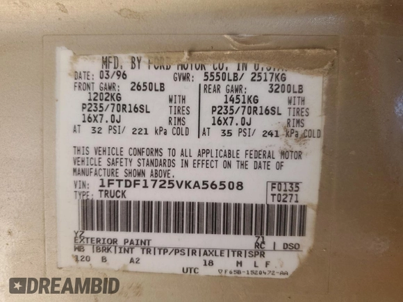 1997 Ford F-150 with VIN 1FTDF1725VKA56508, listed as a Copart auction lot 45729075 with 361,272 mi miles and Salvage title. Bid and sale history available at DreamBid. Image 13.