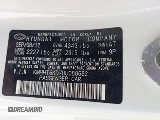 2013 Hyundai Genesis Coupe 2.0T with VIN KMHHT6KD7DU088682, listed as a IAAI auction lot 42421998 with 87,398 mi miles and . Bid and sale history available at DreamBid. Image 9.