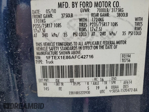 2010 Ford F-150 XL с VIN 1FTEX1E86AFC42716, выставлен на аукционе Copart как лот 50412195 с пробегом 182 527 миль миль и Списание • Salvage title. История ставок и продаж доступна на DreamBid. Изображение 15.