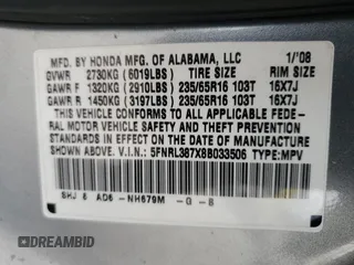 2008 Honda Odyssey EX-L с VIN 5FNRL387X8B033506, выставлен на аукционе Copart как лот 45500865 с пробегом 201 643 миль миль и Списание • Salvage title. История ставок и продаж доступна на DreamBid. Изображение 13.