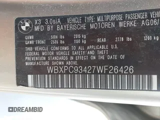 2007 BMW X3 3.0si with VIN WBXPC93427WF26426, listed as a IAAI auction lot 42052933 with 111,944 mi miles. Bid and sale history available at carsss.com. Image 9.