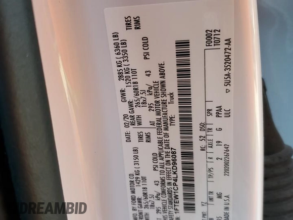2020 Ford F-150 XL with VIN 1FTEW1CP4LKD96087, listed as a Copart auction lot 49789245 with 136,149 mi miles and Salvage Title. Bid and sale history available at carsss.com. Image 12.