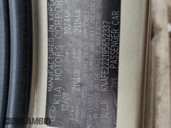 2009 Kia Spectra LX z VIN KNAFE222195652337, wystawiony jako Copart lot #45874605 z przebiegiem 141 149 mil mil oraz Szkoda całkowita • Salvage title. Historia ofert i sprzedaży dostępna na DreamBid. Obrazek 14.